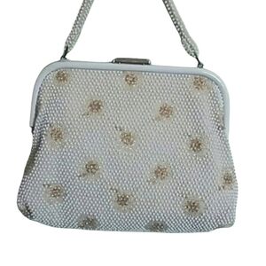 Vintage Beaded Handbag 1960's Cream and Gold Beaded Top Handle Bag Rever…